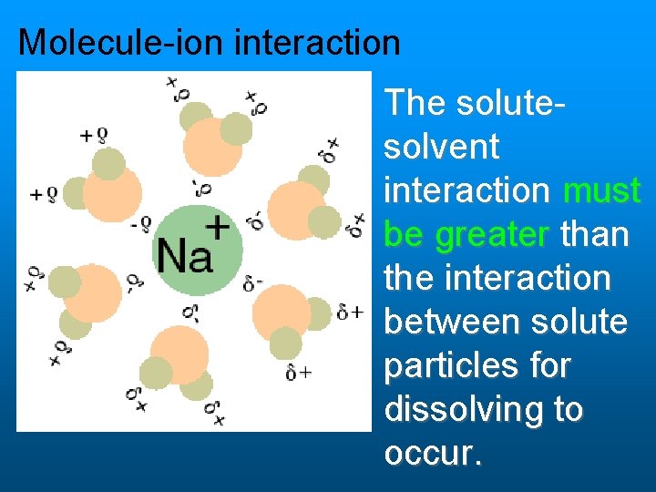 Molecule-ion interaction The solutesolvent interaction must be greater than the interaction between solute particles Molecule-ion interaction The solutesolvent interaction must be greater than the interaction between solute particles