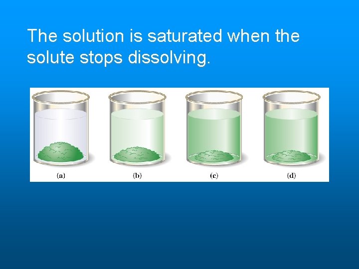 The solution is saturated when the solute stops dissolving. The solution is saturated when the solute stops dissolving.