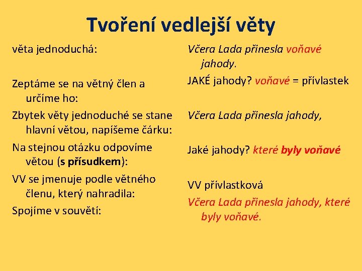 Tvoření vedlejší věty věta jednoduchá: Zeptáme se na větný člen a určíme ho: Zbytek