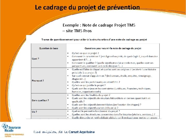 Le cadrage du projet de prévention Exemple : Note de cadrage Projet TMS – Le cadrage du projet de prévention Exemple : Note de cadrage Projet TMS –