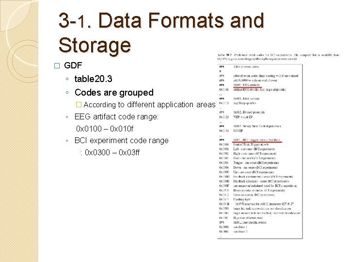 3 -1. Data Formats and Storage � GDF ◦ table 20. 3 ◦ Codes