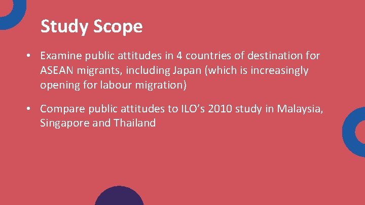 Study Scope • Examine public attitudes in 4 countries of destination for ASEAN migrants,