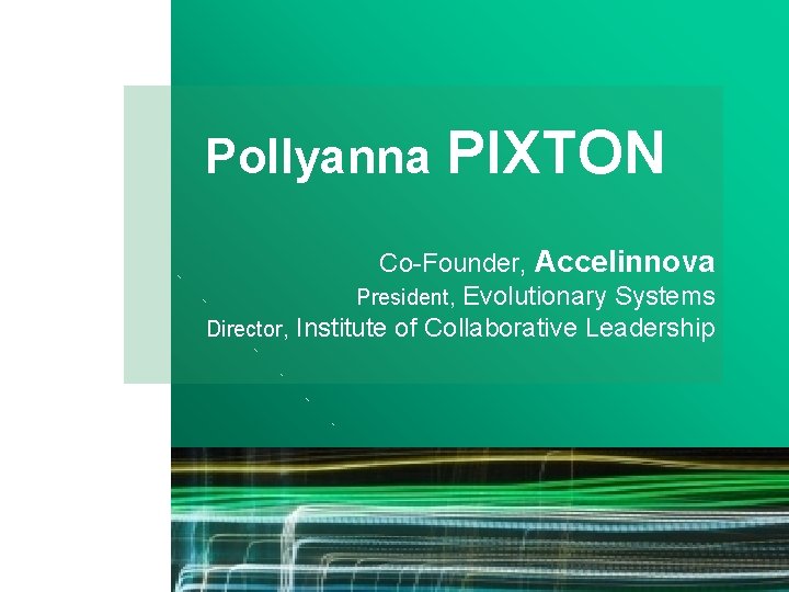 Pollyanna PIXTON Co-Founder, Accelinnova President, Evolutionary Systems Director, Institute of Collaborative Leadership 