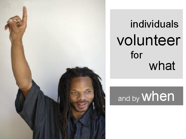 individuals volunteer for and by what when 