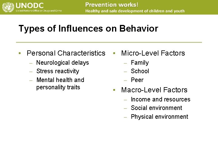 Types of Influences on Behavior • Personal Characteristics – Neurological delays – Stress reactivity