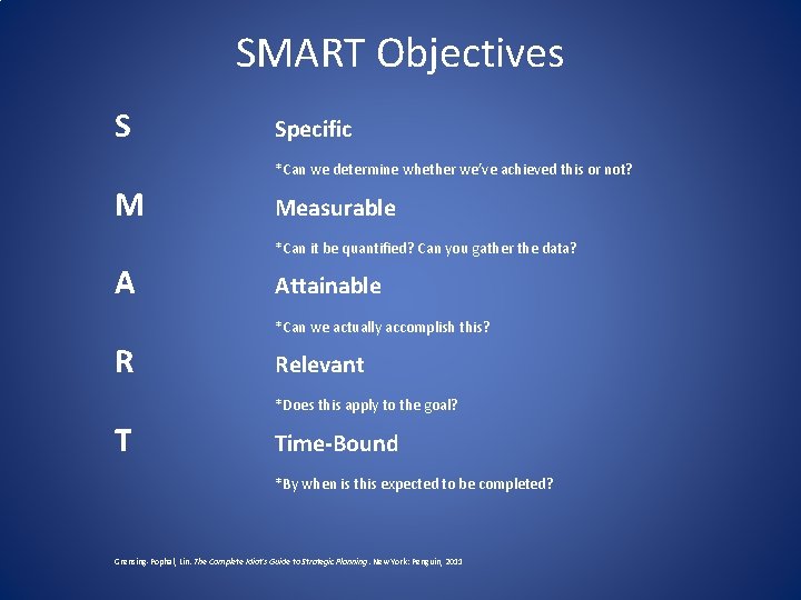 SMART Objectives S Specific *Can we determine whether we’ve achieved this or not? M