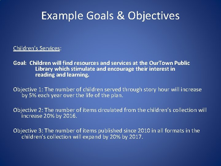 Example Goals & Objectives Children’s Services: Goal: Children will find resources and services at