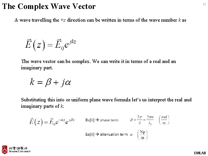 The Complex Wave Vector 11 A wave travelling the +z direction can be written