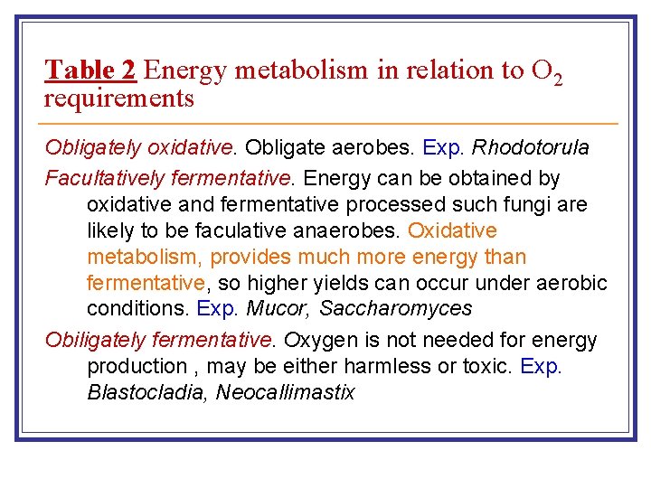 Table 2 Energy metabolism in relation to O 2 requirements Obligately oxidative. Obligate aerobes.