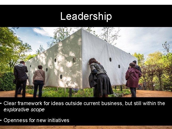 Leadership • Clear framework for ideas outside current business, but still within the explorative