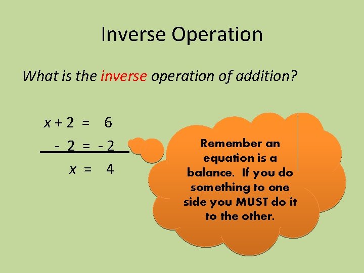 Inverse Operation What is the inverse operation of addition? x+2 = 6 - 2