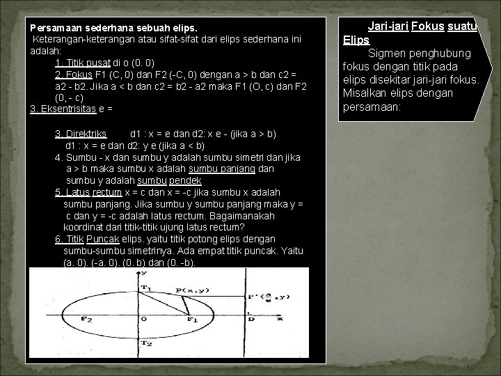 Persamaan sederhana sebuah elips. Keterangan keterangan atau sifat dari elips sederhana ini adalah: 1. Persamaan sederhana sebuah elips. Keterangan keterangan atau sifat dari elips sederhana ini adalah: 1.