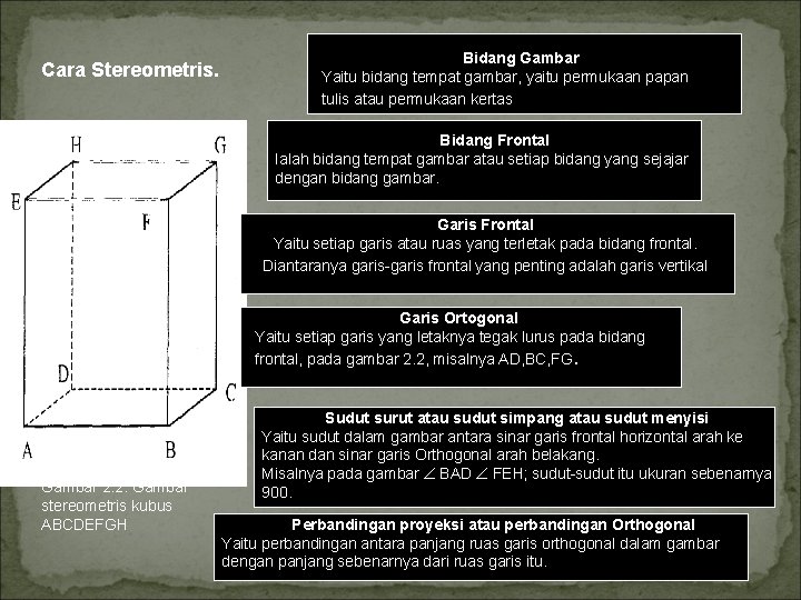 Cara Stereometris. Bidang Gambar Yaitu bidang tempat gambar, yaitu permukaan papan tulis atau permukaan Cara Stereometris. Bidang Gambar Yaitu bidang tempat gambar, yaitu permukaan papan tulis atau permukaan