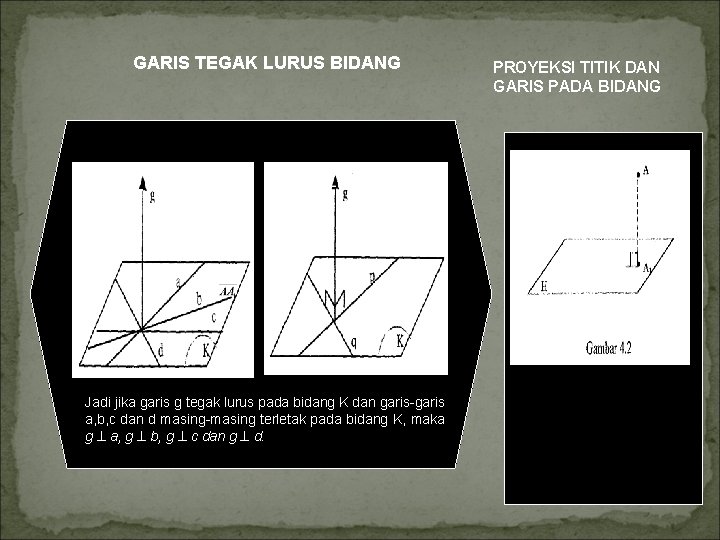 GARIS TEGAK LURUS BIDANG Jadi jika garis g tegak lurus pada bidang K dan GARIS TEGAK LURUS BIDANG Jadi jika garis g tegak lurus pada bidang K dan