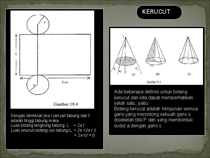 KERUCUT Dengan demikian jika r jari tabung dan t adalah tinggi tabung maka Luas KERUCUT Dengan demikian jika r jari tabung dan t adalah tinggi tabung maka Luas