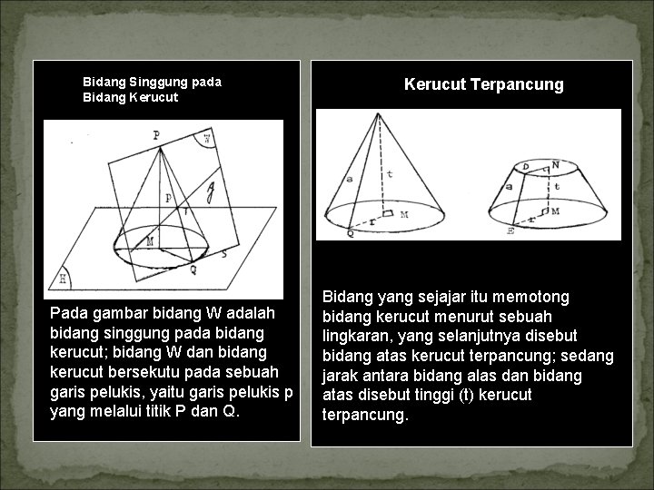 Bidang Singgung pada Bidang Kerucut Pada gambar bidang W adalah bidang singgung pada bidang Bidang Singgung pada Bidang Kerucut Pada gambar bidang W adalah bidang singgung pada bidang