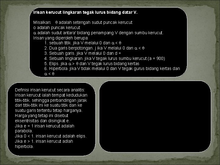 Irisan kerucut lingkaran tegak lurus bidang datar V. Misalkan: adalah setengah sudut puncak kerucut Irisan kerucut lingkaran tegak lurus bidang datar V. Misalkan: adalah setengah sudut puncak kerucut