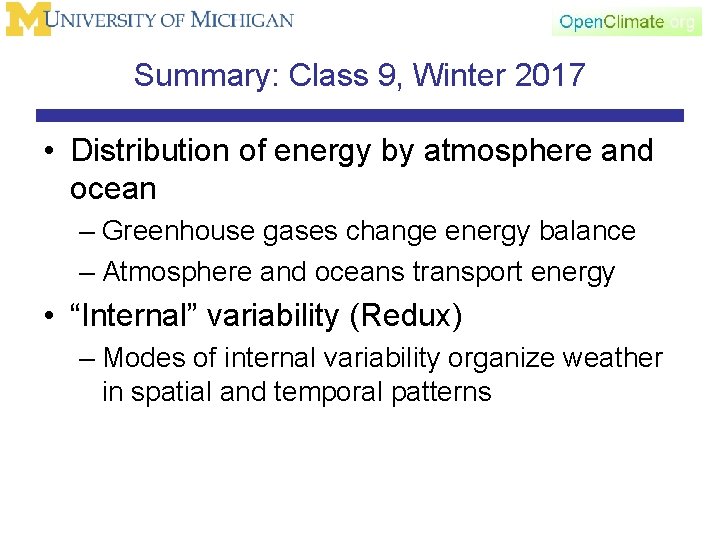 Summary: Class 9, Winter 2017 • Distribution of energy by atmosphere and ocean –