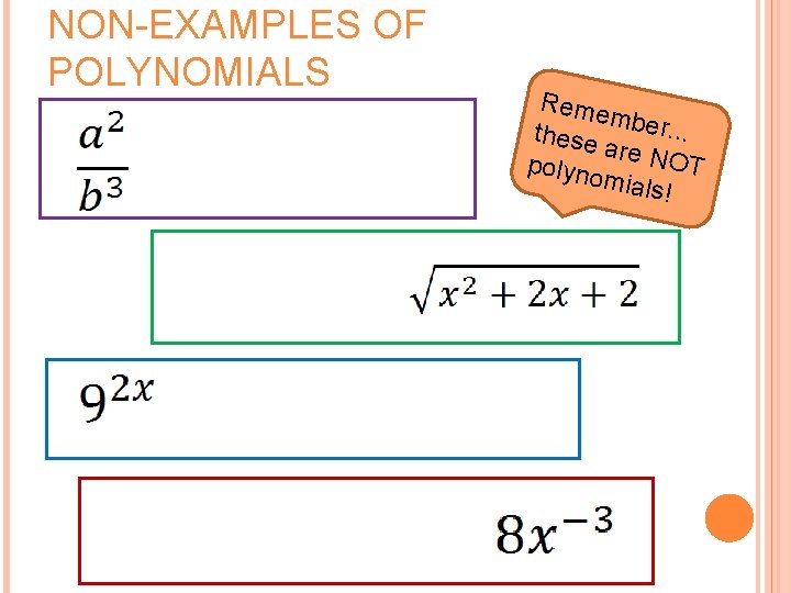NON-EXAMPLES OF POLYNOMIALS Reme mber. . . these are N OT polyno mials! 