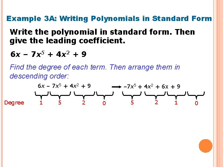 Example 3 A: Writing Polynomials in Standard Form Write the polynomial in standard form.