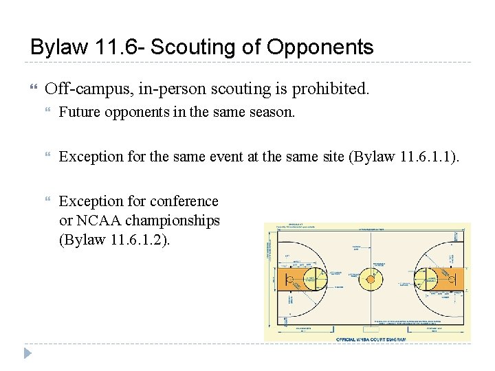 Bylaw 11. 6 - Scouting of Opponents Off-campus, in-person scouting is prohibited. Future opponents