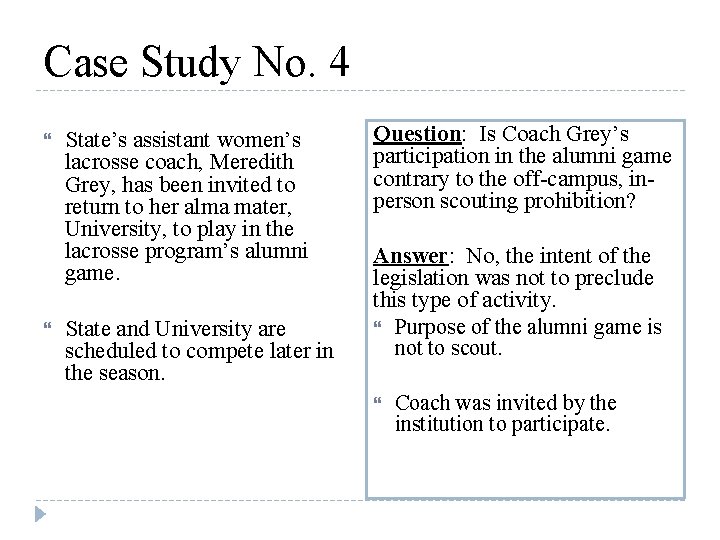 Case Study No. 4 State’s assistant women’s lacrosse coach, Meredith Grey, has been invited