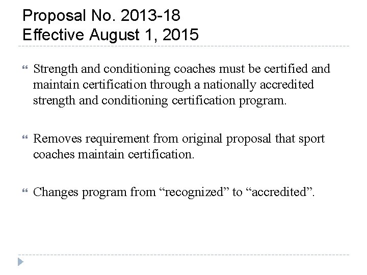 Proposal No. 2013 -18 Effective August 1, 2015 Strength and conditioning coaches must be