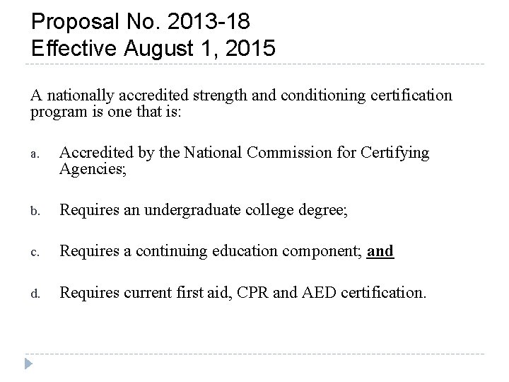 Proposal No. 2013 -18 Effective August 1, 2015 A nationally accredited strength and conditioning