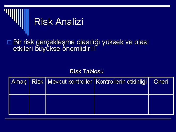 Risk Analizi o Bir risk gerçekleşme olasılığı yüksek ve olası etkileri büyükse önemlidir!!! Risk