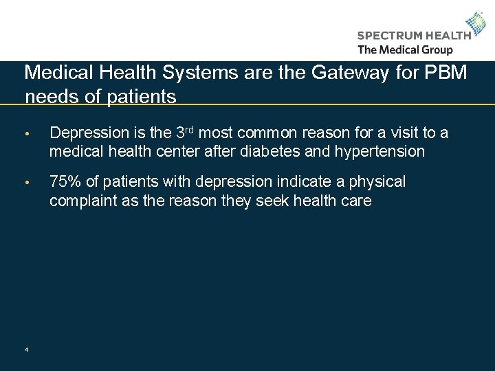 Medical Health Systems are the Gateway for PBM needs of patients • Depression is
