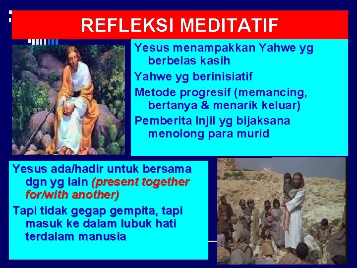 REFLEKSI MEDITATIF Yesus menampakkan Yahwe yg berbelas kasih Yahwe yg berinisiatif Metode progresif (memancing,