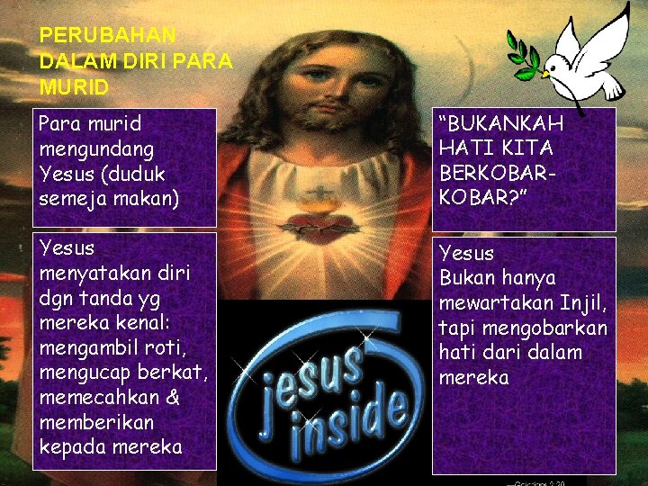 PERUBAHAN DALAM DIRI PARA MURID Para murid mengundang Yesus (duduk semeja makan) “BUKANKAH HATI