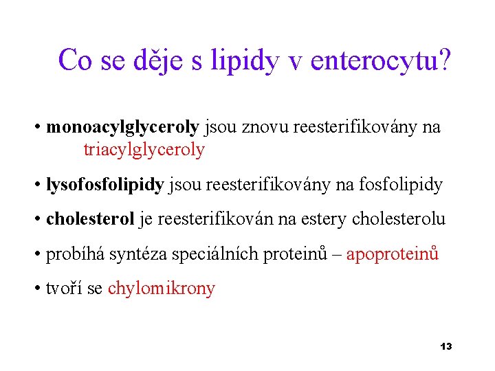 Co se děje s lipidy v enterocytu? • monoacylglyceroly jsou znovu reesterifikovány na triacylglyceroly