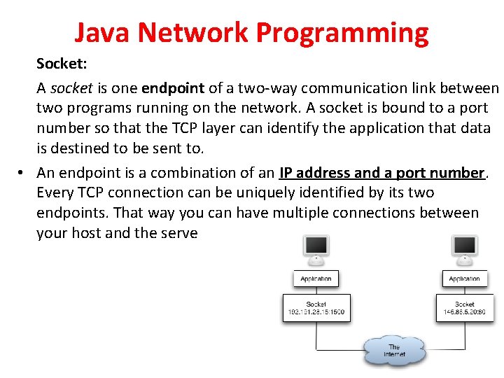 Java Network Programming Socket: A socket is one endpoint of a two-way communication link