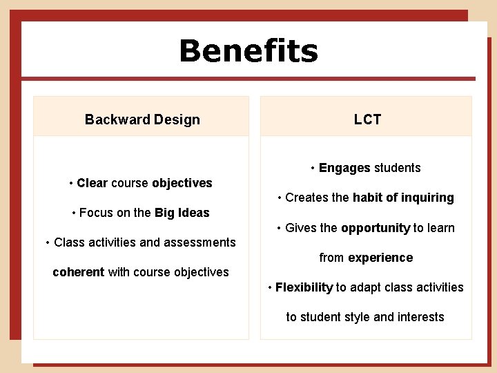 Benefits Backward Design LCT • Engages students • Clear course objectives • Creates the