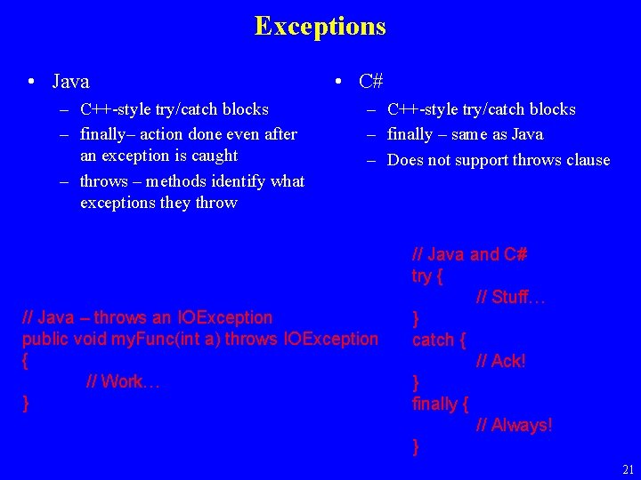 Exceptions • Java – C++-style try/catch blocks – finally– action done even after an
