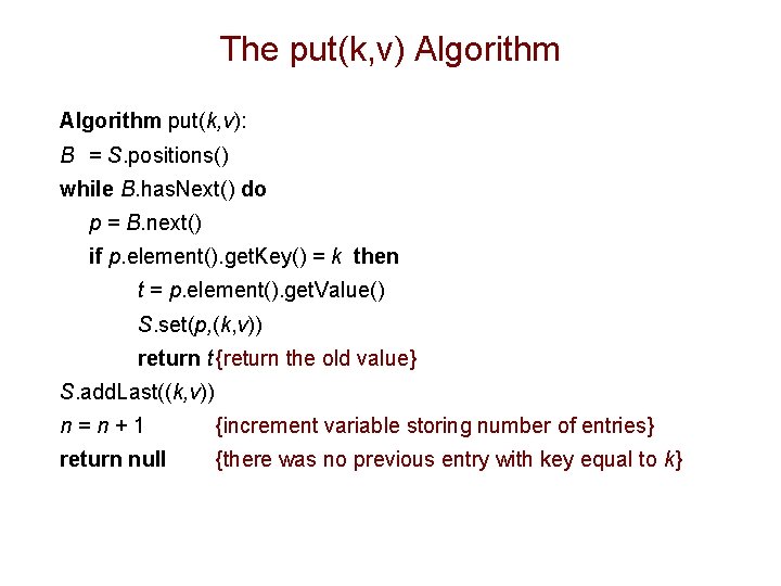 The put(k, v) Algorithm put(k, v): B = S. positions() while B. has. Next()