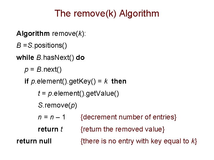 The remove(k) Algorithm remove(k): B =S. positions() while B. has. Next() do p =
