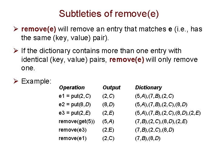 Subtleties of remove(e) Ø remove(e) will remove an entry that matches e (i. e.