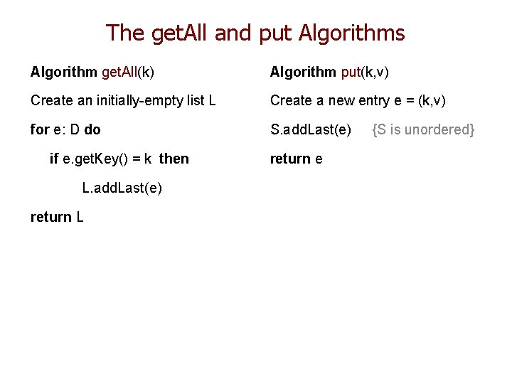 The get. All and put Algorithms Algorithm get. All(k) Algorithm put(k, v) Create an