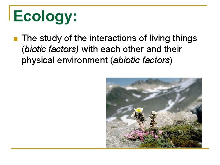 Ecology: n The study of the interactions of living things (biotic factors) with each