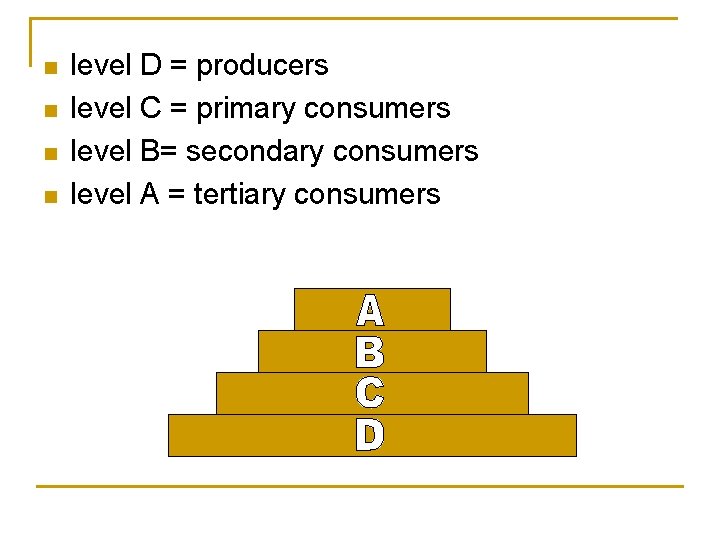 n n level D = producers level C = primary consumers level B= secondary