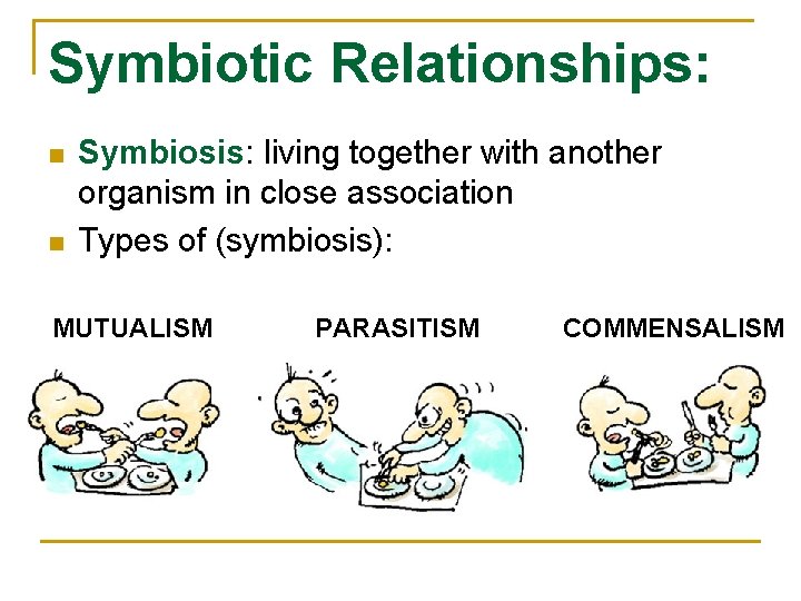Symbiotic Relationships: n n Symbiosis: living together with another organism in close association Types