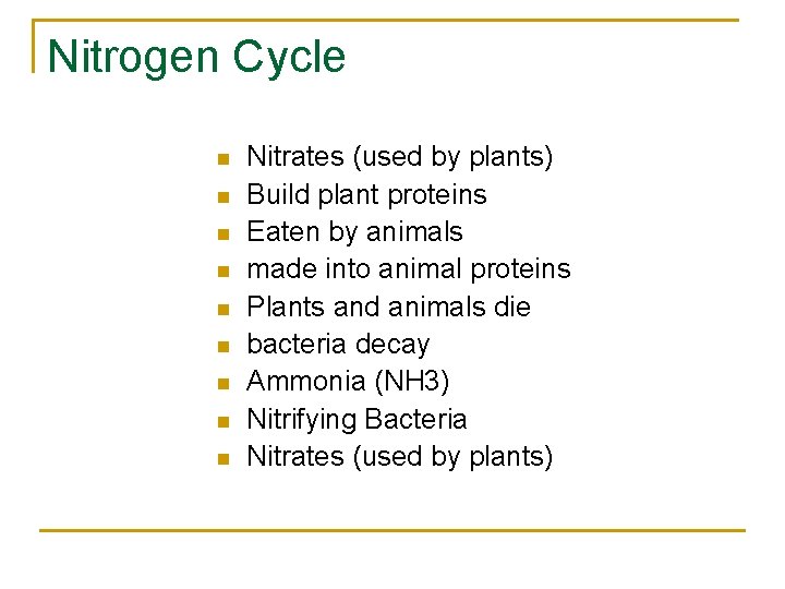 Nitrogen Cycle n n n n n Nitrates (used by plants) Build plant proteins