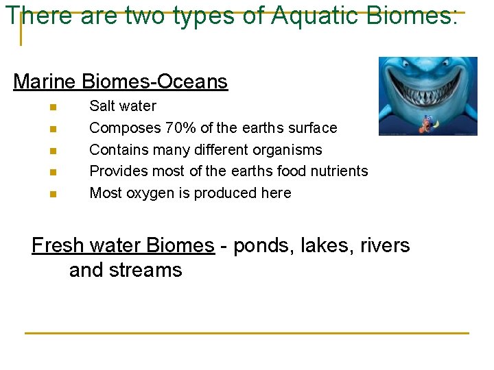 There are two types of Aquatic Biomes: Marine Biomes-Oceans n n n Salt water