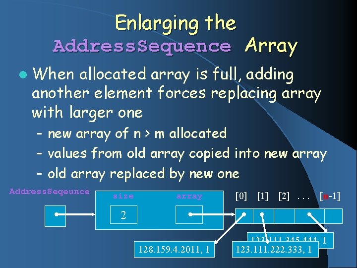 Enlarging the Address. Sequence Array l When allocated array is full, adding another element