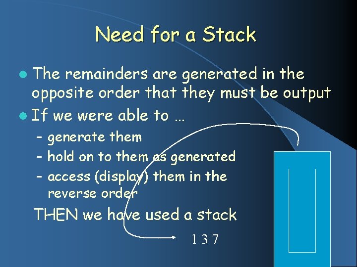 Need for a Stack l The remainders are generated in the opposite order that