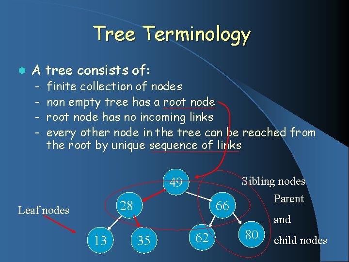 Tree Terminology l A tree consists of: – – finite collection of nodes non