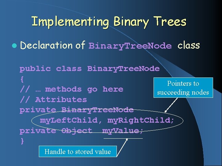 Implementing Binary Trees l Declaration of Binary. Tree. Node class public class Binary. Tree.