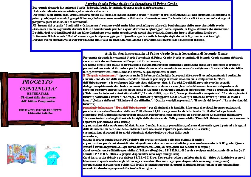 Attività Scuola Primaria-Scuola Secondaria di Primo Grado Per quanto riguarda la continuità Scuola Primaria/Scuola